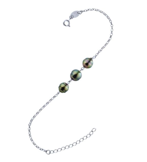 Découvrez le bracelet argent rhodié en véritables perles de Tahiti à la forme authentique semi-baroque - des perles de Tahiti symboliques des îles du Pacifique