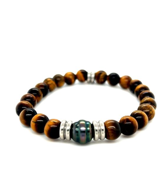 Braunes Lederarmband mit Tahiti-Perle für Herren