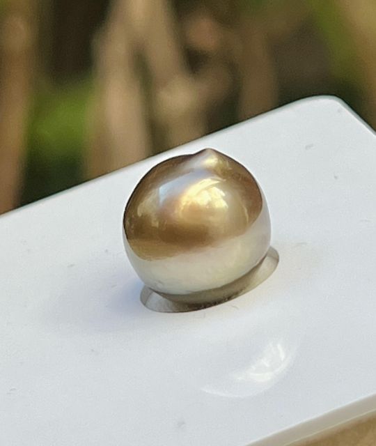 Une perle de culture de Tahiti baroque, au lustre éclatant, dont la teinte mordoré évoque un brun glacé aux reflets dorés - livraison gratuite