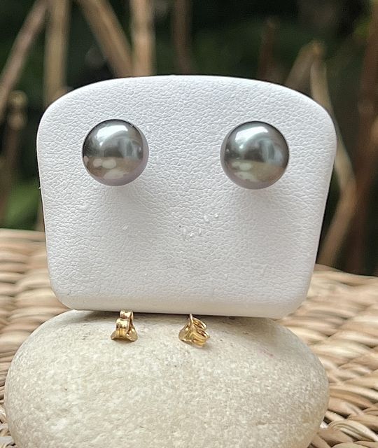 Dieses seltene Paar präsentiert zwei grau-blaue Tahiti-Zuchtperlen, von AAA-Qualität, mit ausgezeichnetem Glanz und einem bemerkenswerten Durchmesser von 9,78 mm - sicherer Versand.