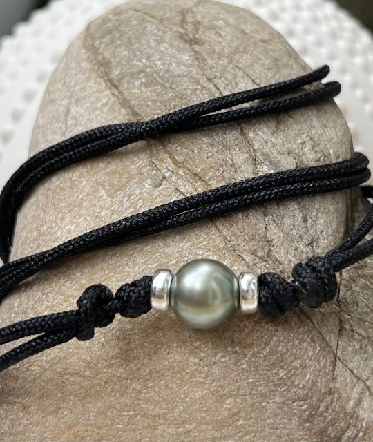 collier cuir noir avec une perle de culture de Tahiti de couleur vert lagon - réglable pour s'adapter à votre cou - collier robuste pour homme
