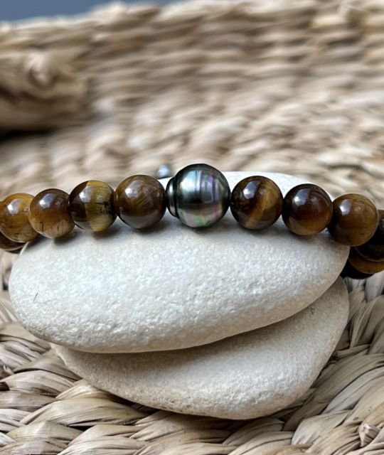 Bracelet unique avec sa perle de Tahiti de couleur peacock et ses pierres naturelles oeil de Tigre - certifié et garanti - livraison gratuite sécurisée - Saint Valentin - Fête des Pères