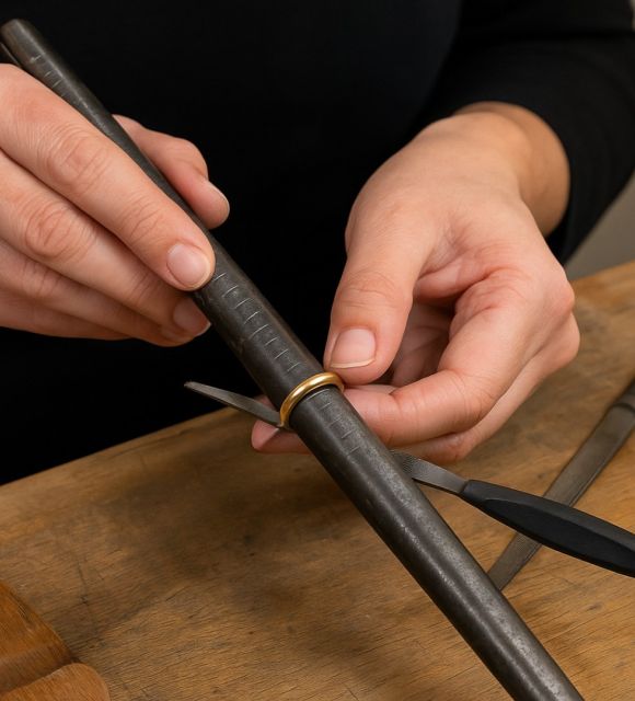 Poemotu propose un service professionnel de mise à taille pour les bagues en or 18 carats avec perle, incluant la dépose de la perle, l’ajustement de la taille