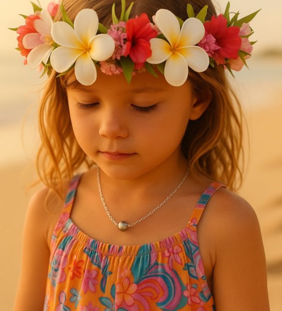 Una perla de Tahití colocada en un hilo de plata, suave como un secreto, brillante como un sueño infantil, para crecer, todo en luz y delicadeza.