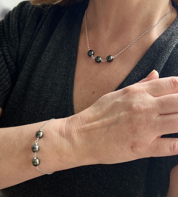 ensemble parure d'un bracelet et un collier en perles de Tahiti véritables - certifié et garanti - fabriqué en Loire-Atlantique - livraison sécurisée offerte