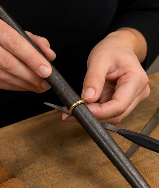 Poemotu bietet einen professionellen Größenänderungsservice für Ringe aus 18-karätigem Gold mit Perle an, der das Entfernen der Perle und die Anpassung der Größe umfasst.