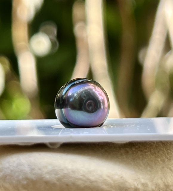 Une perle de culture de Tahiti "cerclée sélection", de 9,85 mm, dont la teinte peacock bleu fascine par ses reflets profonds et changeants