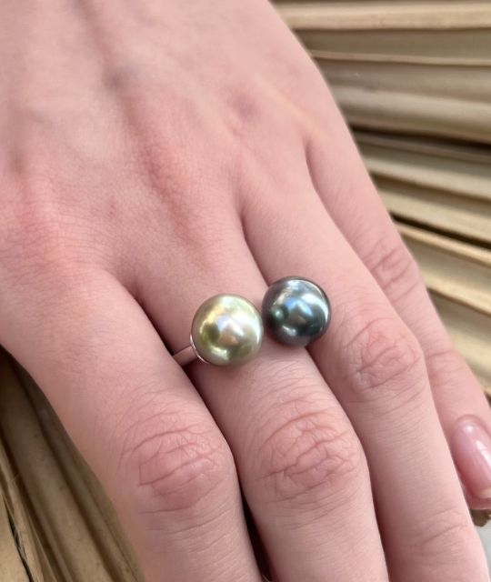 Sunset, der Toi & Moi-Ring mit echten Tahiti-Perlen in leuchtenden Blau- und Goldgrüntönen - ein einzigartiges Juwel der Meere - zertifizierte Tahiti-Perlen - Valentinstag - Muttertag