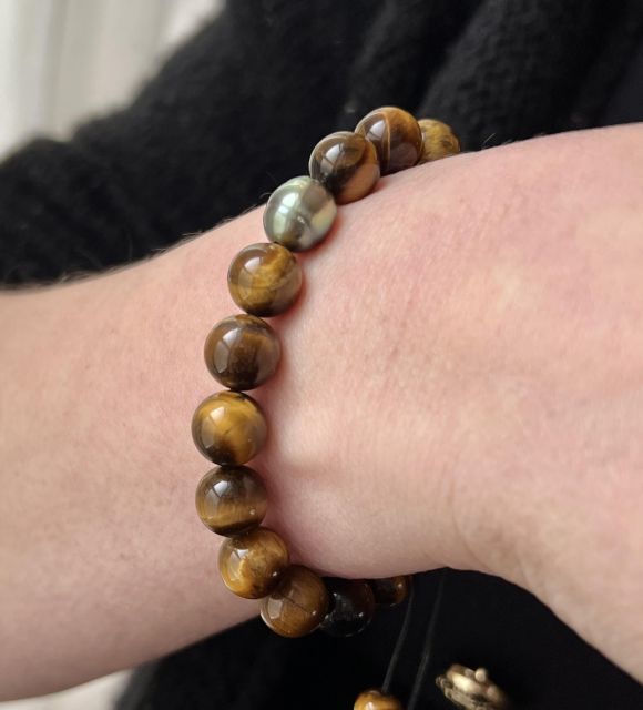Bracelet unique avec sa perle de Tahiti de couleur vert tilleul et ses pierres naturelles oeil de Tigre - certifié et garanti - Fête des Pères