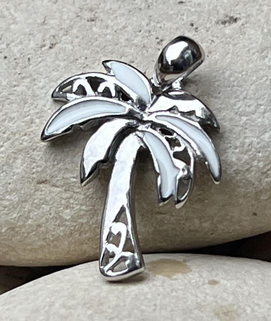 Adorable palmier en argent et émail blanc - pendentif pour homme et femme -