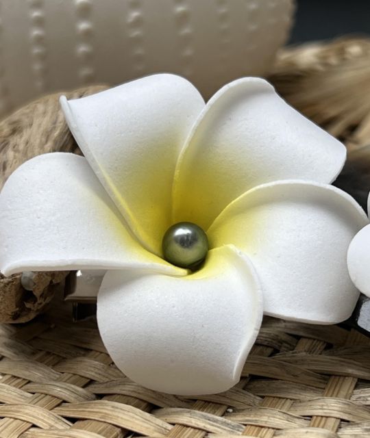 Verschönern Sie Ihr Haar und zeigen Sie elegante Exotik mit unserer Frangipani-Blumen-Haarspange und echter Tahiti-Perle - kostenloser Versand