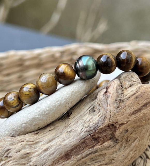 Bracelet unique avec sa perle de Tahiti de couleur vert émeraude et ses pierres naturelles oeil de Tigre - certifié et garanti - livraison gratuite