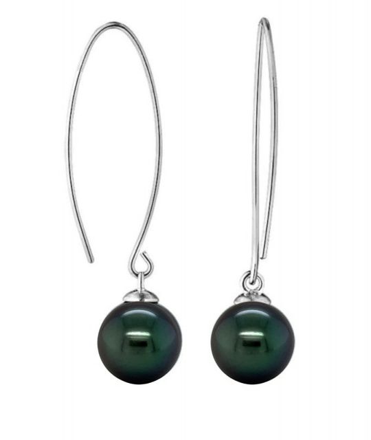 Boucles pendantes en argent et perles de Tahiti rondes 8/9 mm aux nuances noir peacock ou gris. Très beau lustre, élégance contemporaine.