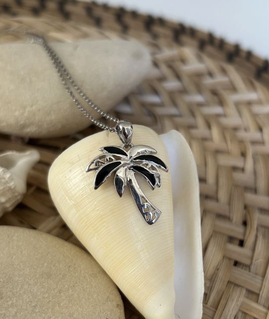 Adorable palmier en argent et émail noir - pendentif pour homme et femme -