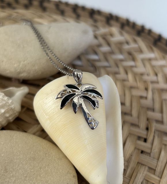 Adorable palmier en argent et émail noir - pendentif pour homme et femme -