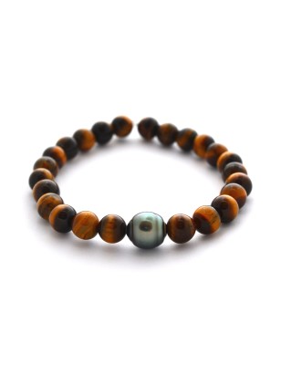 Pulsera de ojo de tigre y perla de Tahití