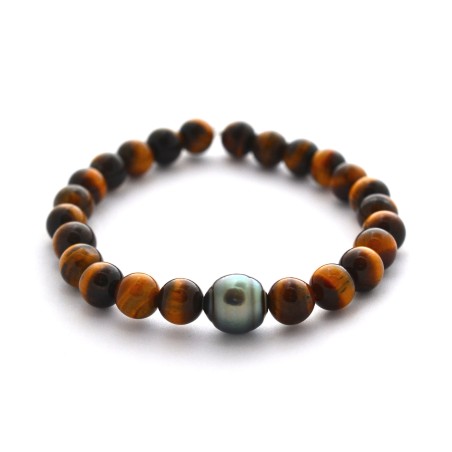 Bracciale occhio di tigre e Perla di Tahiti