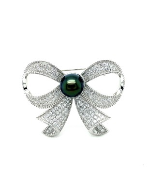 genuine Tahitian Pearl Rhodium Silver Knot Brooch - tahitian jewerly - tahitian jewerly stores