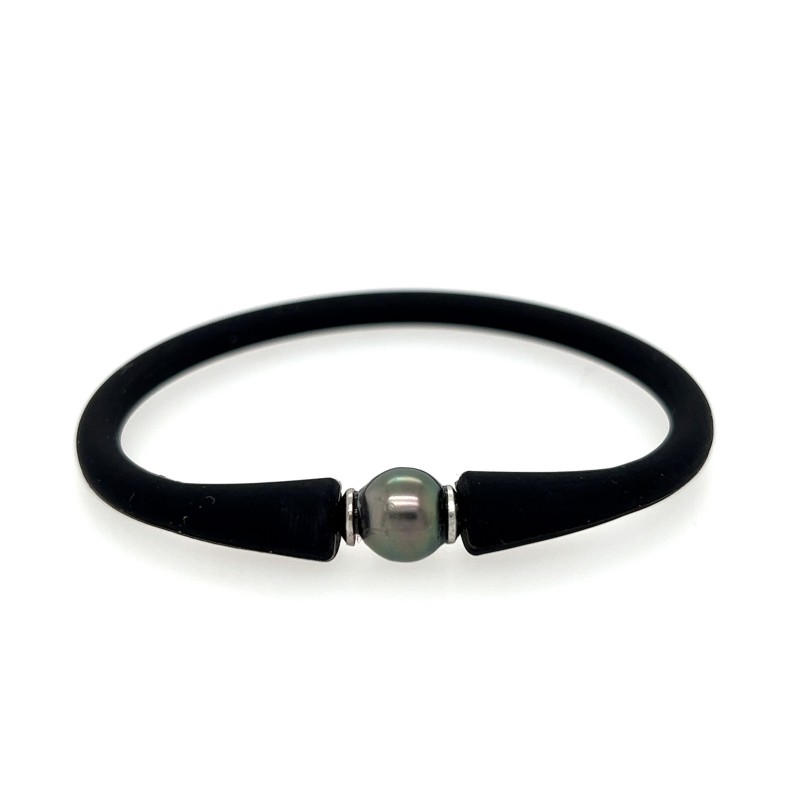 Pulsera de silicona negra para niños con perla de Tahití