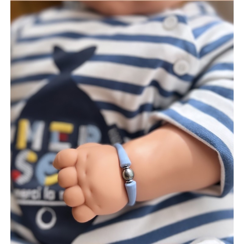 Pulsera Infantil Perla de Tahití - Caucho Azul