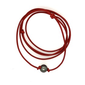 collier cuir rouge perle de Tahiti 11,00mm