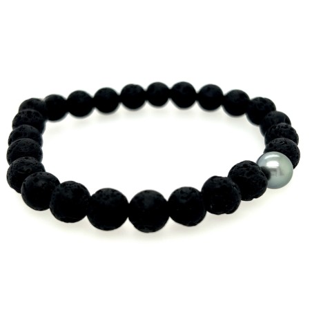 Bracelet pierre de lave et perle de Tahiti ronde