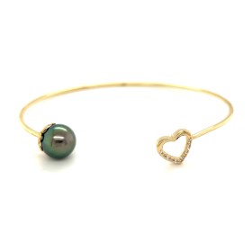 bracelet jonc plaqué or coeur zirconium et perle de Tahiti