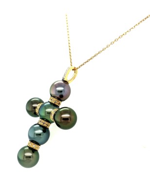 Diamonds and Tahitian Pearl gold cross Pendant