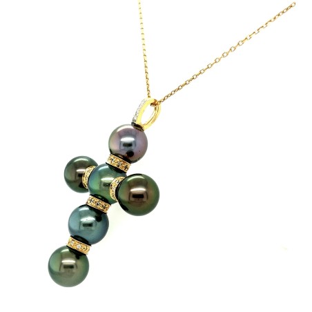 塔希提珍珠与钻石金十字吊坠