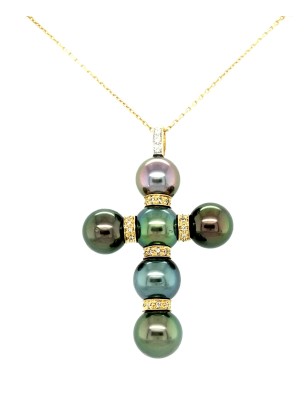 Diamonds and Tahitian Pearl gold cross Pendant