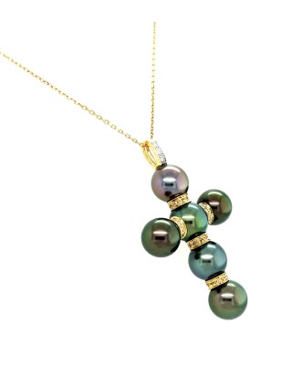 Diamonds and Tahitian Pearl gold cross Pendant