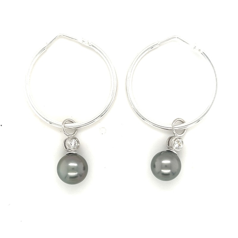 Urarii - Boucles d'oreilles créoles argent 925/00 rhodié perles de Tahiti