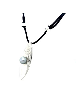 Collier nylon et argent perle de Tahiti grise