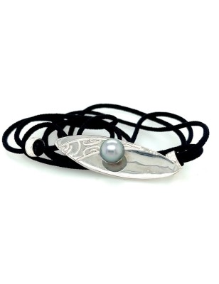 Collier nylon et argent perle de Tahiti grise