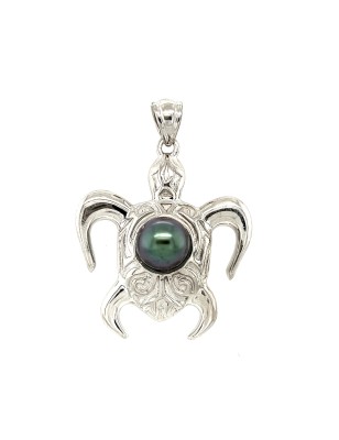 Tahitian blue pearl sterling silver turtle pendant