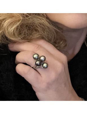 4 Tahitian pearls sterling rhodium silver ring