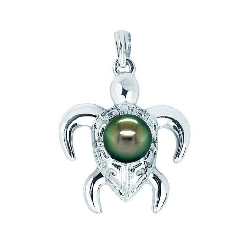 Maui - Genuine Tahitian Pearl Rhodium Silver Turtle Man Pendant