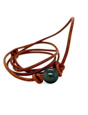 real black pearl leather choker men necklace price - tahitian jewerly for men - tahitian jewerly stores