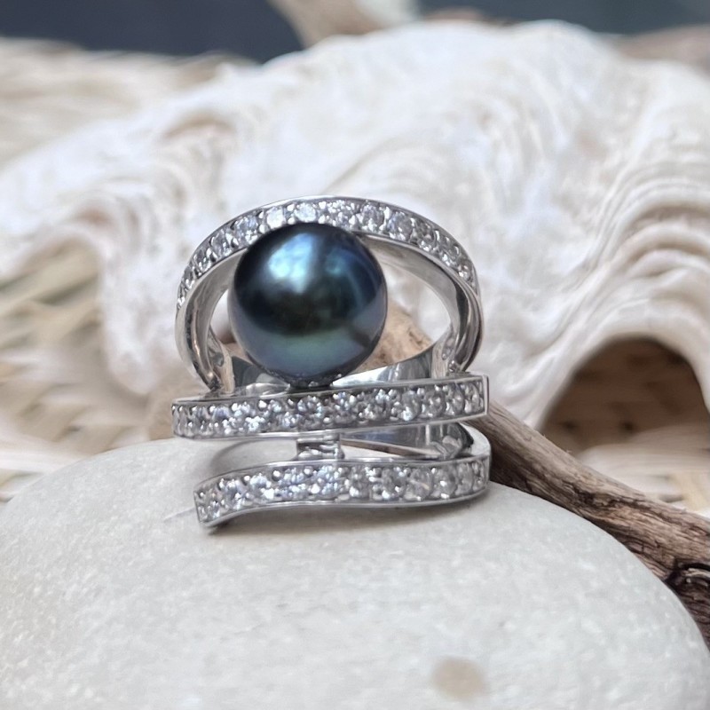 Anello in argento sterling 925 con perla di Tahiti color oltremare, 11,00 mm