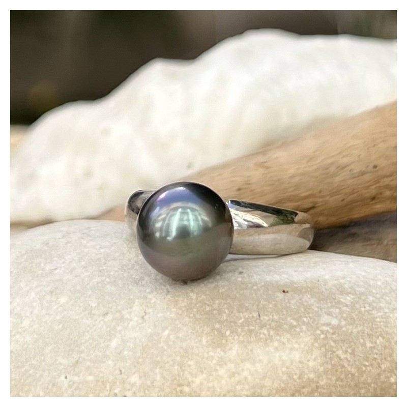 Anillo de plata de ley 925 con perla de Tahití azul y rosa de 10,52 mm