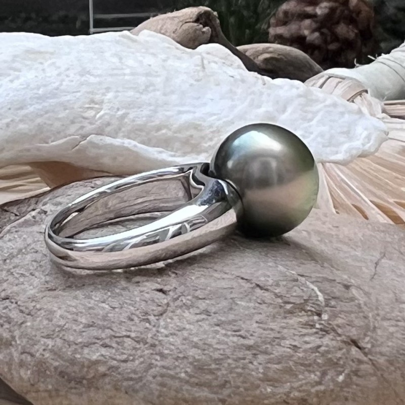 Peacock 12,88mm Tahitian Pearl Ring - Rhodium Silver