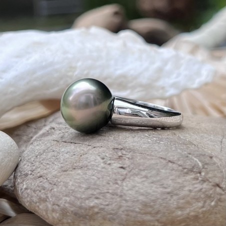 Bague Jonc Argent Rhodié et Perle de Tahiti Peacock