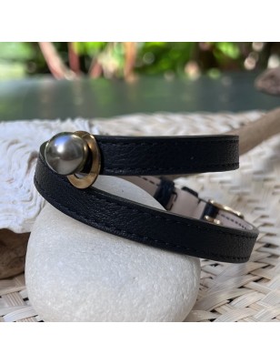 Bracciale Argento e Pelle Nera Perla di Tahiti Grigio Verde