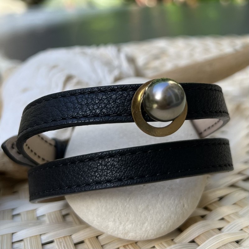 Bracelet Argent et Cuir Noir Perle de Tahiti Gris Vert