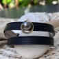 Bracelet Argent et Cuir Noir Perle de Tahiti Gris Vert