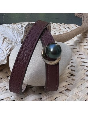 Armband Silber und braunes Leder Tahiti-Perle Grün