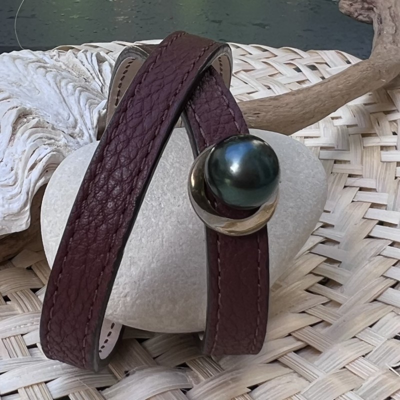 Armband Silber und braunes Leder Tahiti-Perle Grün