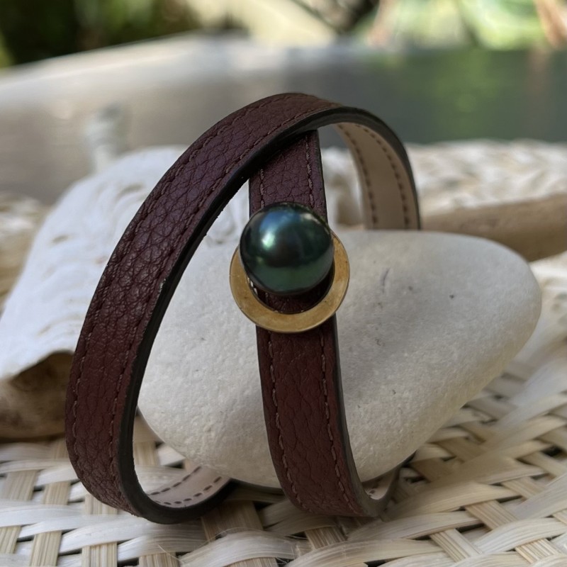 Bracelet Argent et Cuir Marron Perle de Tahiti Verte