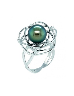 Flora – Ring aus rhodiniertem Silber und Tahitiperle