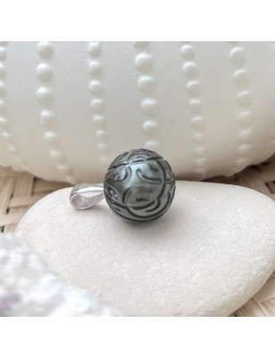 Engraved Tahitian pearl silver pendant price - cultured black pearl men's pendant